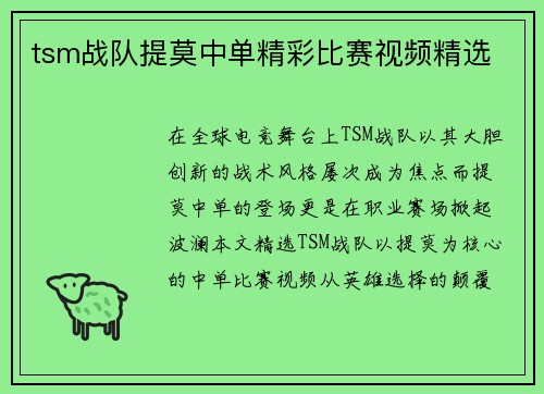 tsm战队提莫中单精彩比赛视频精选